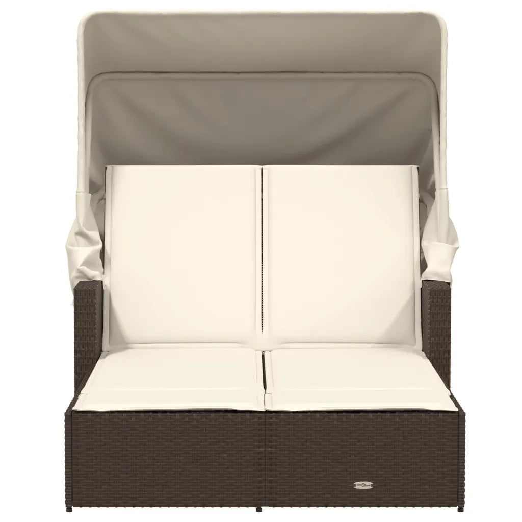 Lettino Doppio con Baldacchino e Cuscini Marrone in Polyrattan 365808