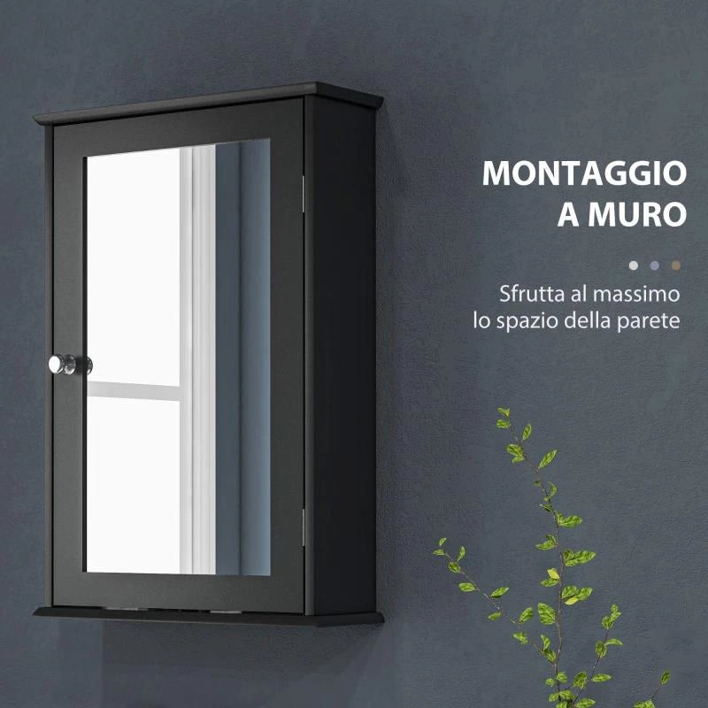 MOBILETTO BAGNO PENSILE CON SPECCHIO E ANTA A CHIUSURA MAGNETICA, 41X14X60 CM, NERO