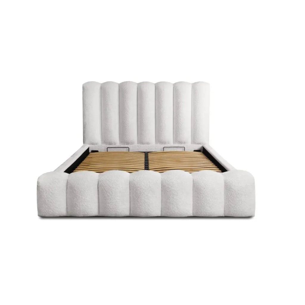 Letto contenitore BADJA – Tessuto bouclé Perla di lino – 180x200 cm – Rete sollevabile – Design di alta gamma
