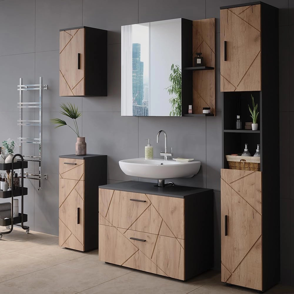 Mobile a specchio per bagno Irma, Antracite/quercia dorata, 80 x 75 cm, per montaggio a parete con ripiani aperti e specchio