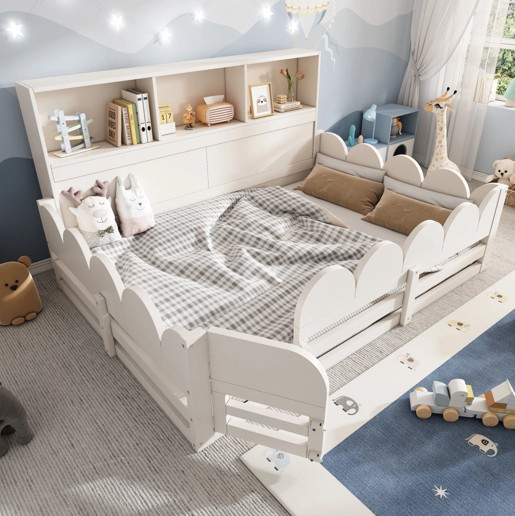 Letto a pavimento per bambini 140x190 cm bianco in legno con protezione anticaduta, porta e mensola integrata