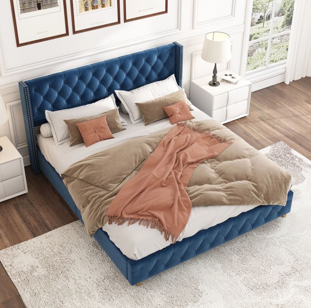 Letto imbottito blu 160x200 cm in velluto con rete
