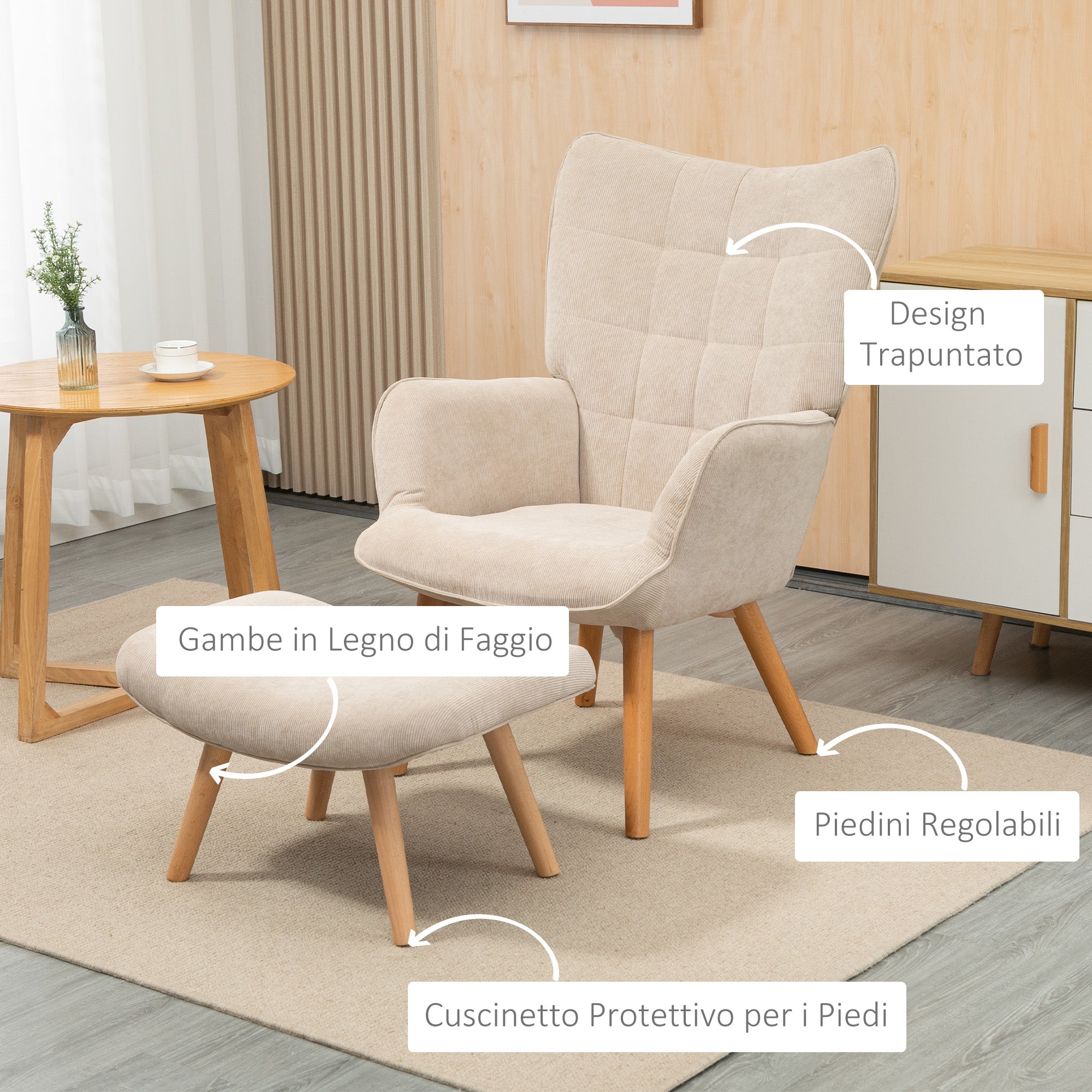 Poltrona Relax con Pouf Poggiapiedi in Velluto a Costine Beige