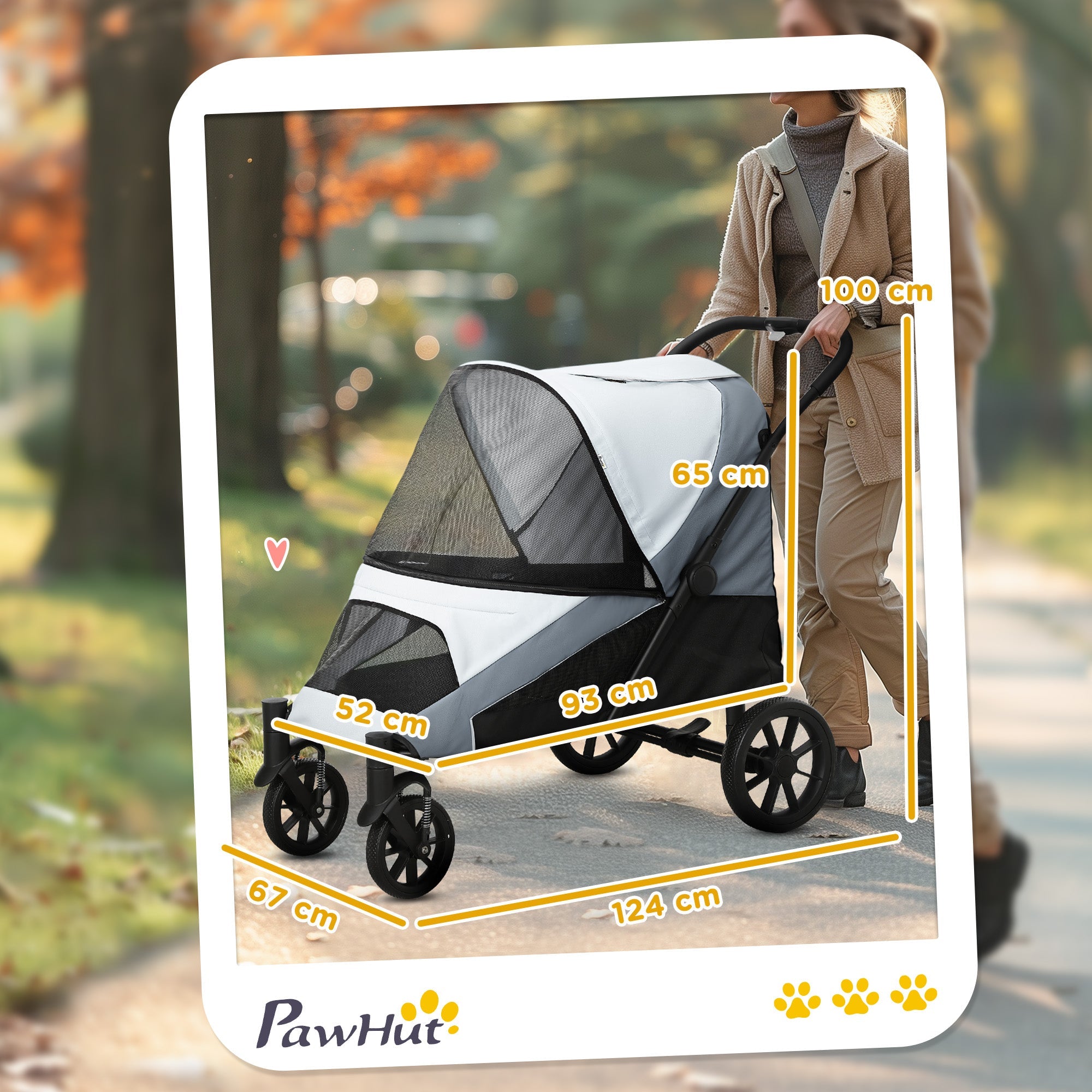 Passeggino per Cani Taglia Grande 124x67x100 cm Pieghevole con Finestre a Rete e Guinzagli Grigio