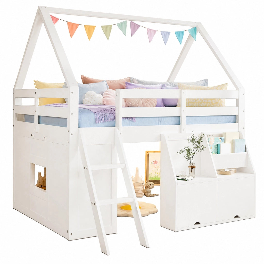 Letto a soppalco per bambini a casetta 140x200 cm con scala; LED e contenitori bianco