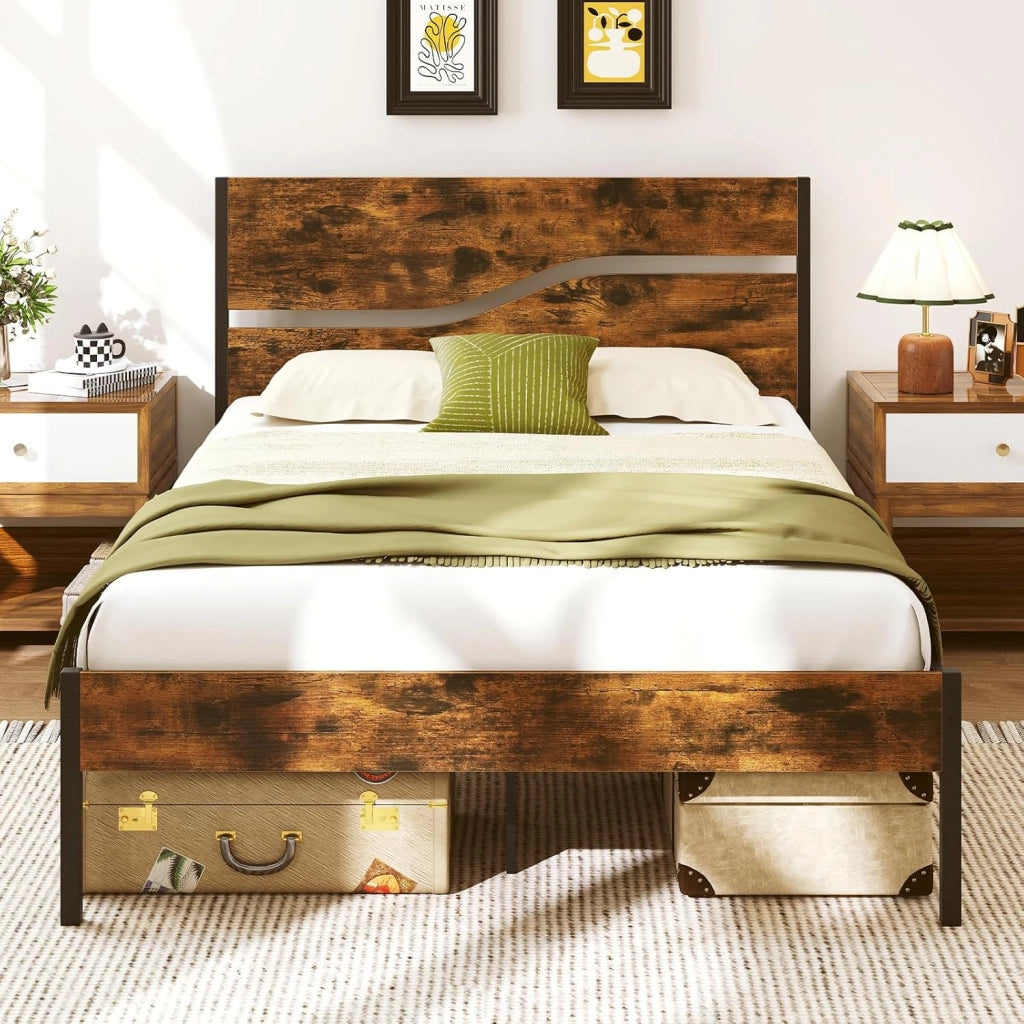 Struttura Letto in Metallo Matrimoniale 200x140 cm, Letto a Piattaforma Industriale con Testiera e Pediera in Legno, Silenzioso, Carico Massimo 360 kg