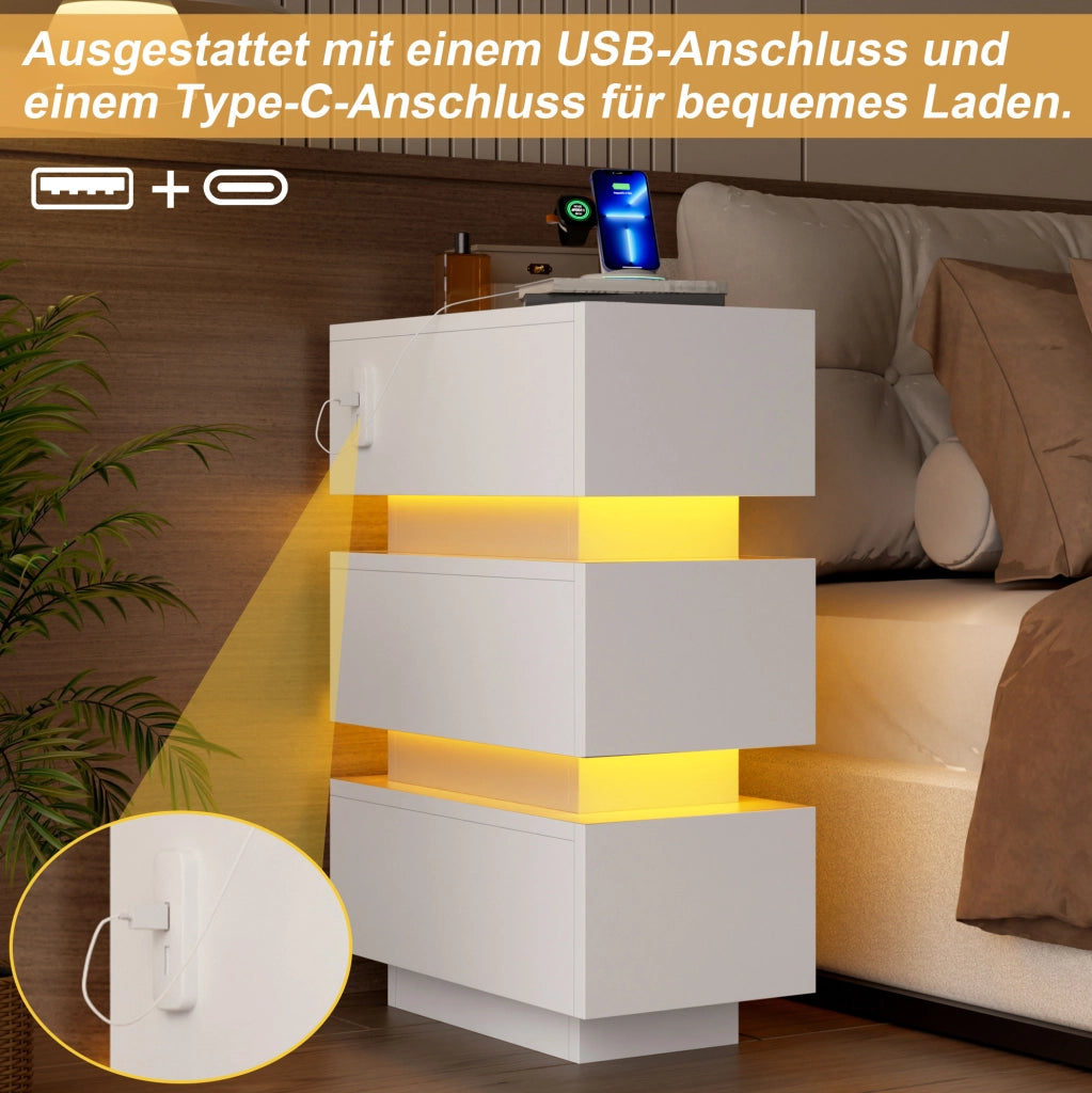Set di 2 comodini stretti con 3 cassetti; USB e Type-C; LED; 20x40x59;5 cm; bianco