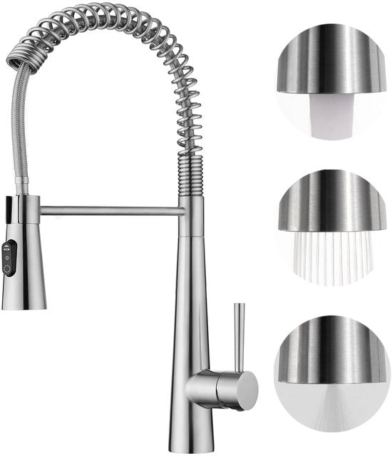 Kraan da cucina, alta pressione con doccia, rubinetto estrattile, miscelatore da cucina con 3 getti, rubinetto di vasca 360° giratorio, finitura a martinetto in acciaio inossidabile.
