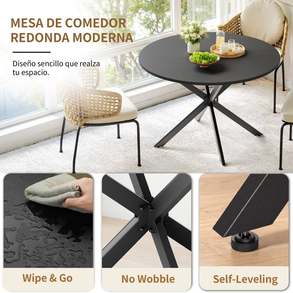 Tavolo da pranzo rotondo con base a X in ferro e piano in pannello truciolare nero per cucina diametro 120 cm