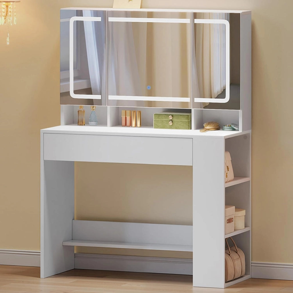 Toeletta con Specchio a LED, Luminosità Regolabile, Postazione Trucco con Scomparti Aperti e Ampio Cassetto, per Camera da Letto, Soggiorno, in Legno, Bianco, 90x40x135 cm
