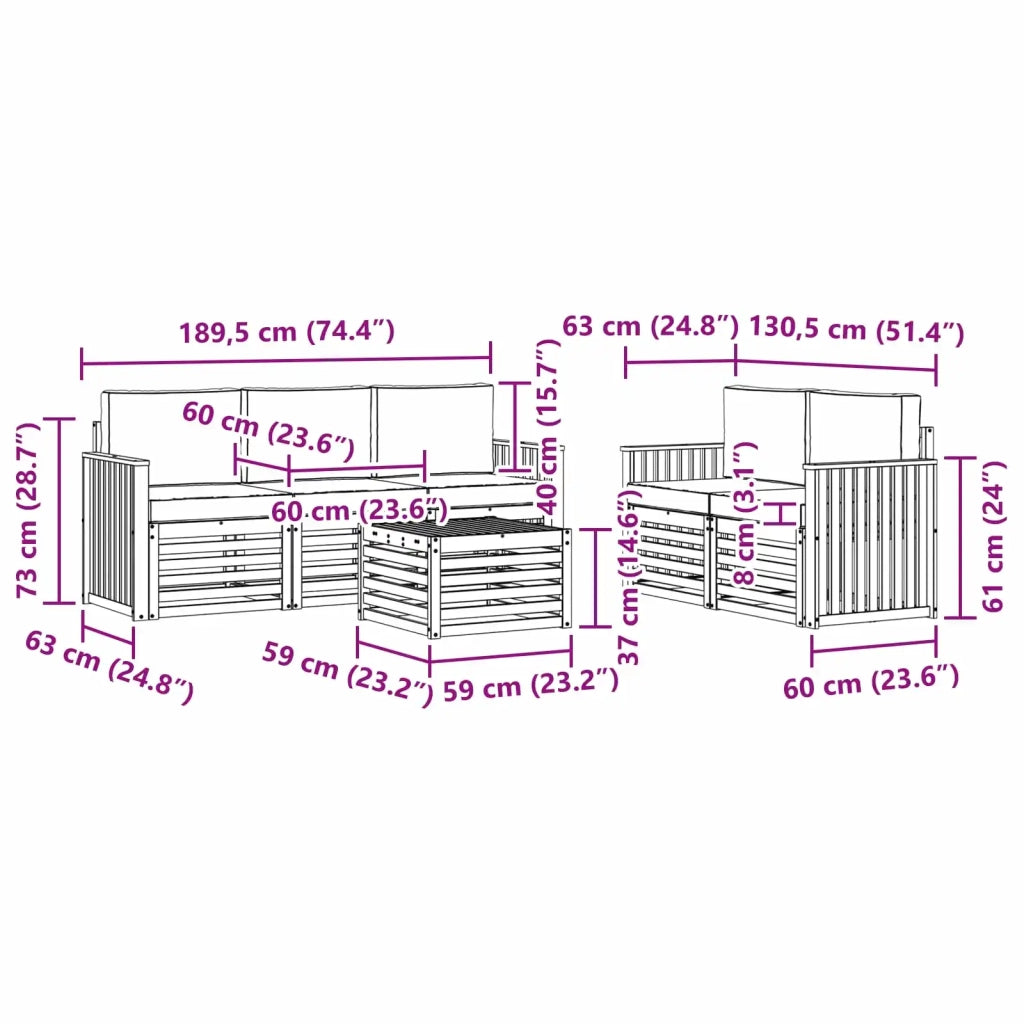 Set divani 6 pcs Naturale e Beige Legno di Acacia Massello 3374368