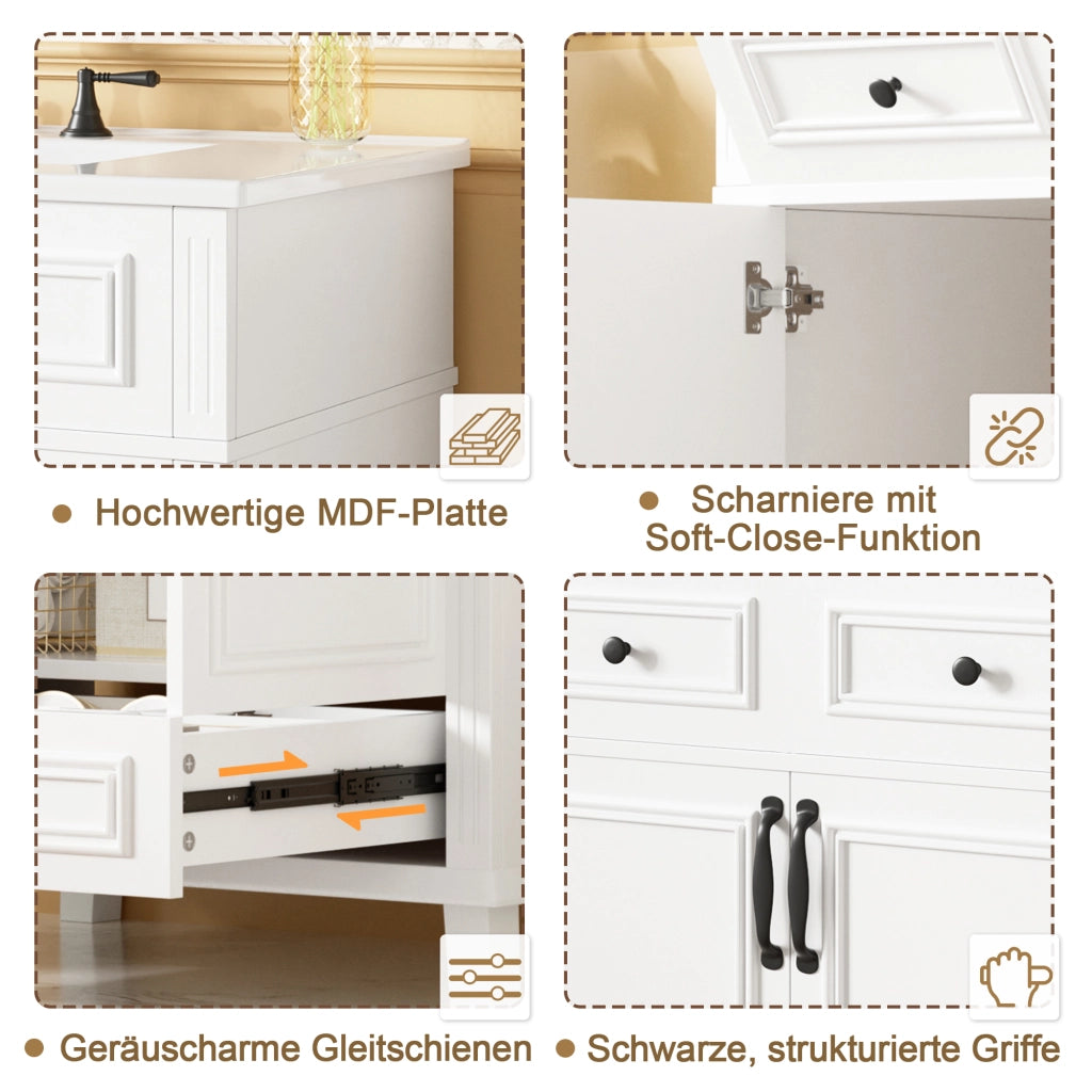 Mobiletto con lavabo in ceramica integrato con armadietto e 9 scomparti MDF bianco 77 × 46 × 86 cm