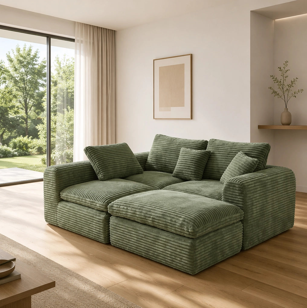 Divano modulare componibile 3 in 1 verde in velluto a coste; con schiuma e molle