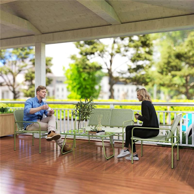 SALOTTO DA ESTERNO IN RATTAN PE CON DIVANETTO, 2 POLTRONCINE E TAVOLINO CON PIANO IN VETRO, VERDE