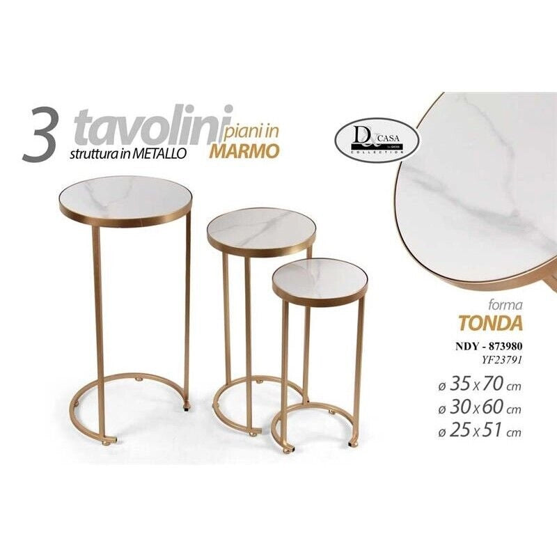 SET 3 TAVOLINI TONDI DA ARREDO H70/60/51CM EFFETTO MARMO BIANCO E ORO