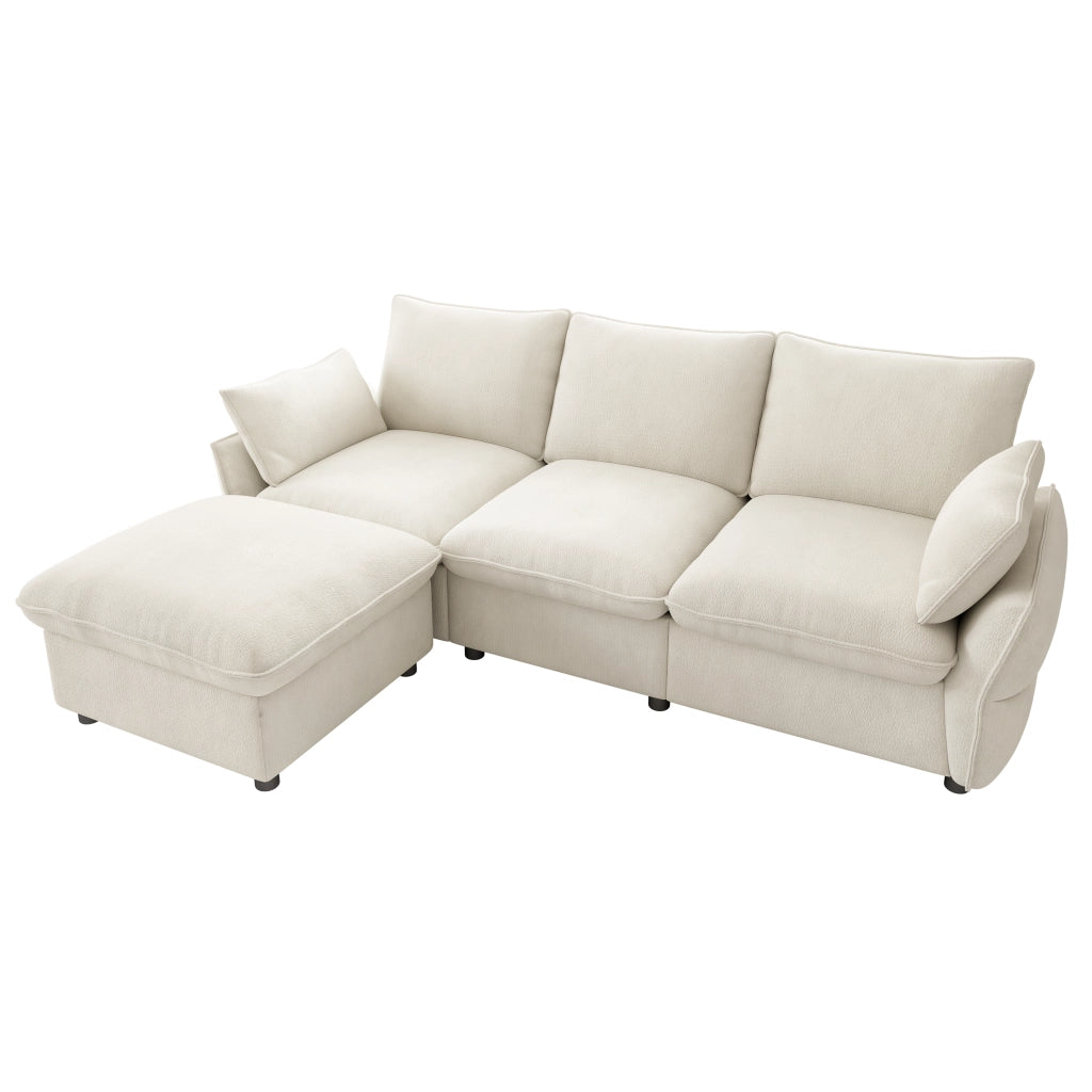 Divano angolare L in chenille beige con pouf, 3 posti, design moderno per soggiorno