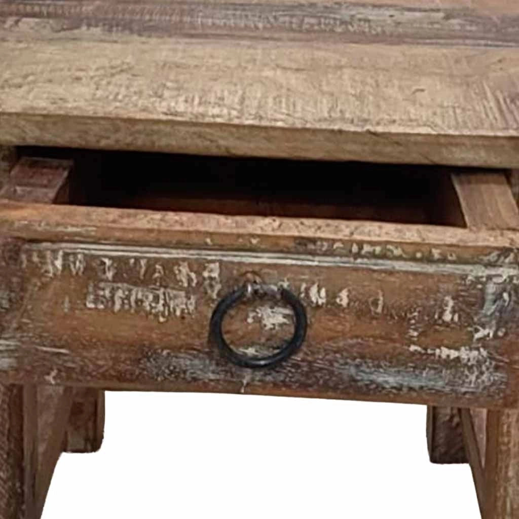 Sgabello con cassetto in legno con finitura artigianale marrone 25x25x29 h cm