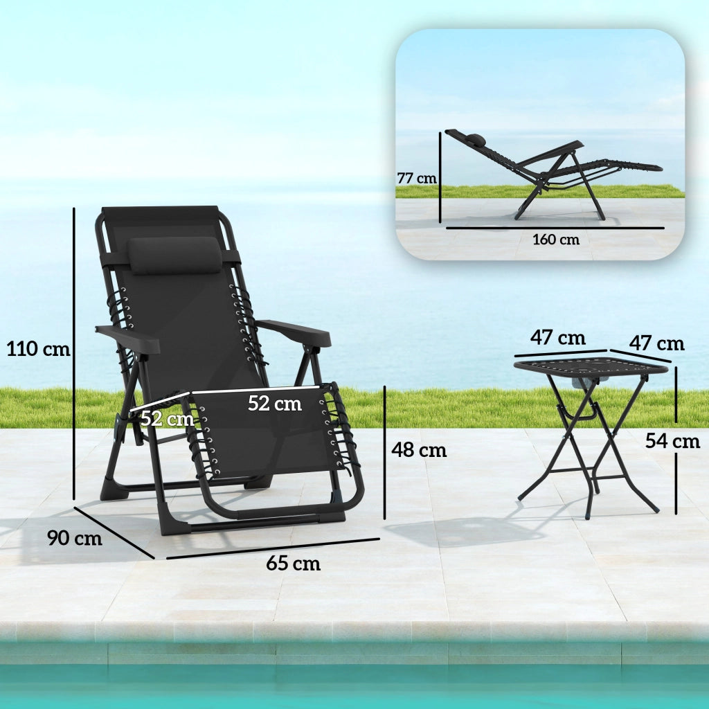 Set sdraio giardino tre pezzi sedute pieghevoli impermeabili con tavolo da tè cuscini morbidi struttura metallo resistente colore nero per giardino e spiaggia