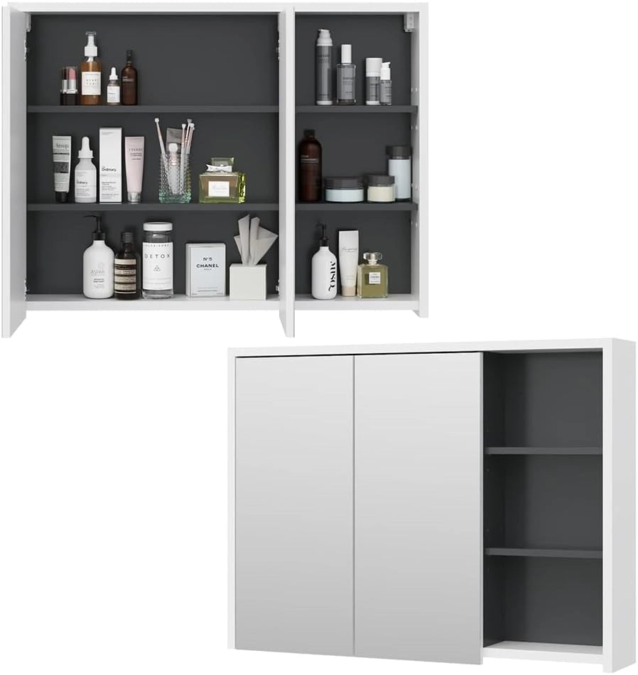 Specchio contenitore bagno Viola, Bianco/antracite, 100 x 75 cm, per montaggio a parete con ripiani aperti