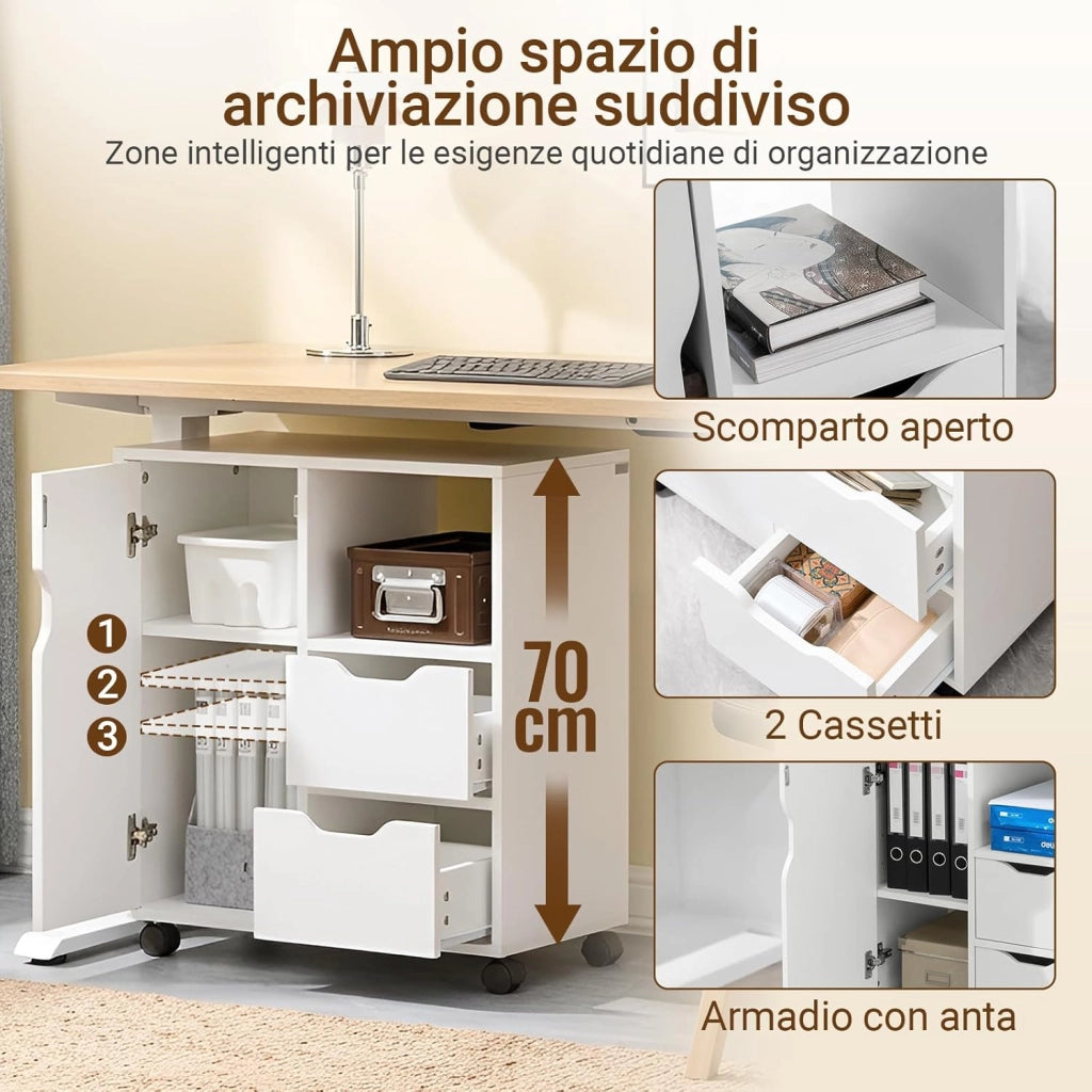 Cassettiera da Scrivania Ufficio su Ruote Cassettiera Ufficio con 2 Cassetti, 1 Anta e 1 Ripiano Aperto Carrello Tavolino Comodino Piccolo Comodino Bianco L60xP35xA70cm FBT105-W