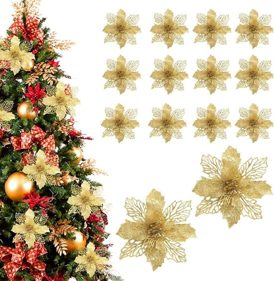 Fiori di Natale con glitter per decorazione dell'albero di Natale - set da 12 pezzi.