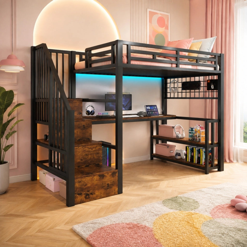 Letto a soppalco 90x200 cm con scrivania, LED e USB