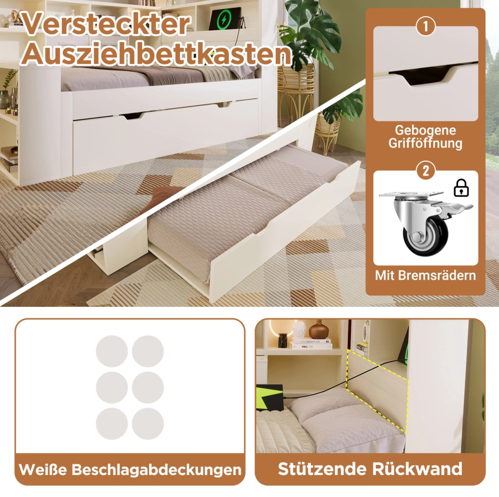 Letto in pino e truciolare 140x200 cm con letto estraibile; 8 vani e porte USB/Type-C; bianco