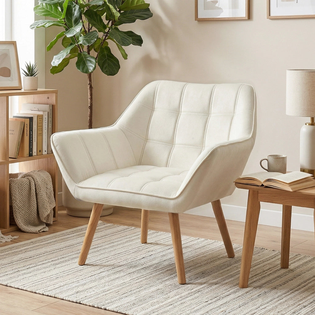 Poltrona Design Scandinava in Legno e Velluto Crema ¨C Zephmum ¨C 67x61.5x71cm
