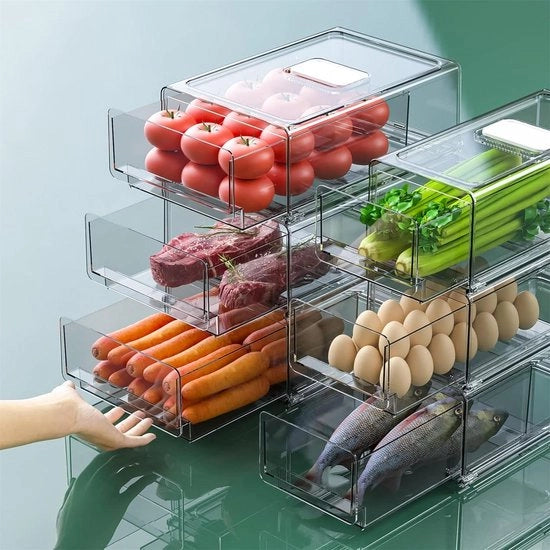 Organizzatore per frigorifero a pile con contenitore - Cassetti per conservazione alimenti - Adatto per cucine, bagni e superfici di lavoro - Senza BPA - Grande e medio.