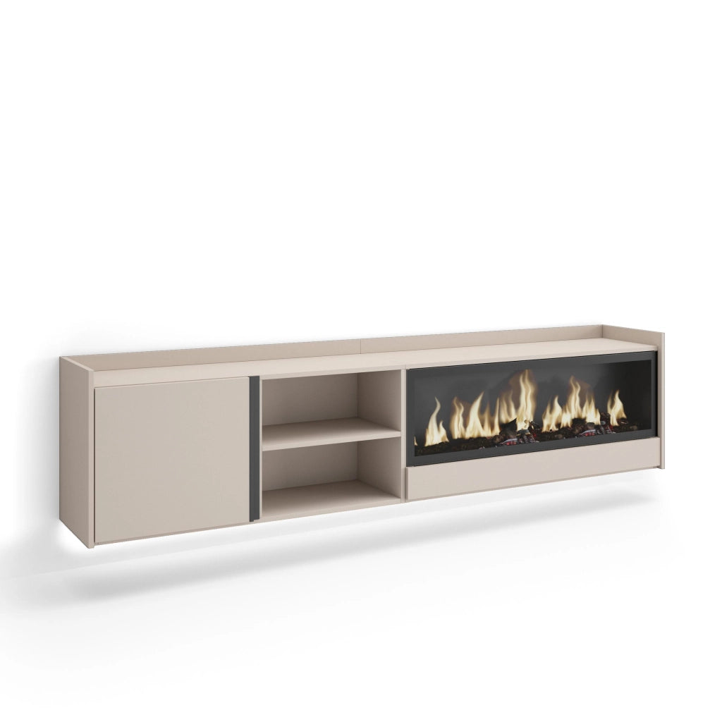 Mobile TV Soggiorno, 212x50x35 cm, Per TV fino a 80", Camino elettrico XXL, Sospeso, da appendere, LED, Beige