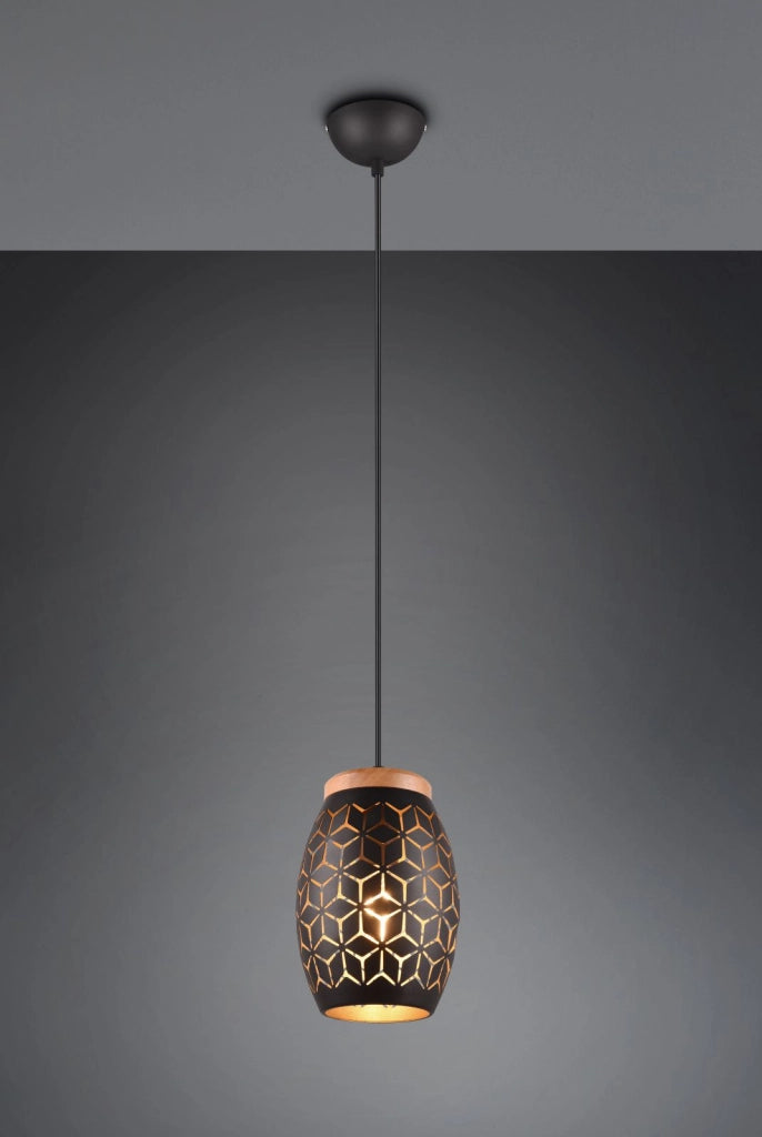 BIDAR SOSPENSIONE METALLO NERO E ORO TAGLIO LASER CON INSERTO IN LEGNO D. 15CM  1 LUCE ATTACCO E27