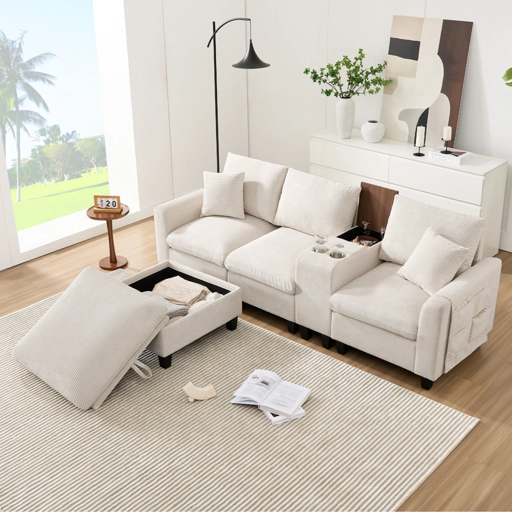 Divano angolare modulare 4 posti - con console; portabicchieri e USB - in velluto a coste beige