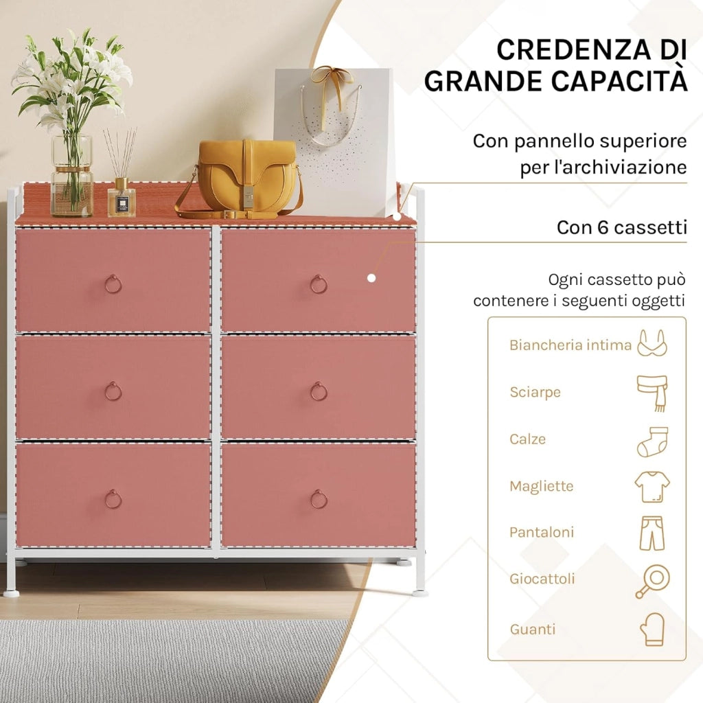 Cassettiera per Camera da Letto con 6 Cassetti, Tessuto, Mobile per Corridoio/Soggiorno con Ripiano Aperto, Struttura in Acciaio, Bianco, SSK010ws
