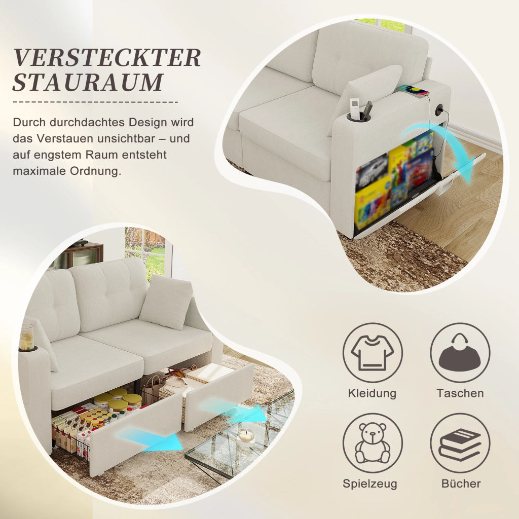 Divano a 2 posti con due cassetti contenitore, porte USB, portabicchieri e tasche laterali in ciniglia beige