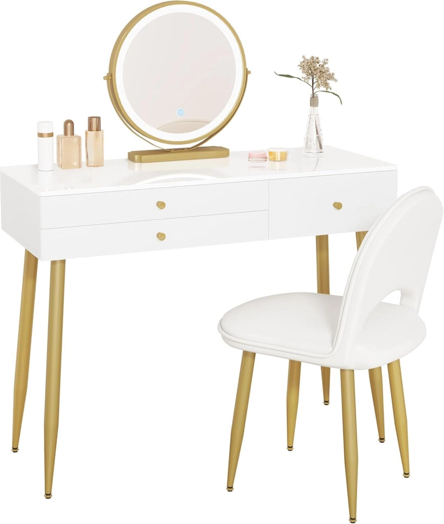 Set Toeletta con Specchio LED 3 Temperature, Sgabello in Velluto, 3 Cassetti in Legno Massello, 100×40×122 cm, Tavolo Trucco Moderno Bianco Champagne