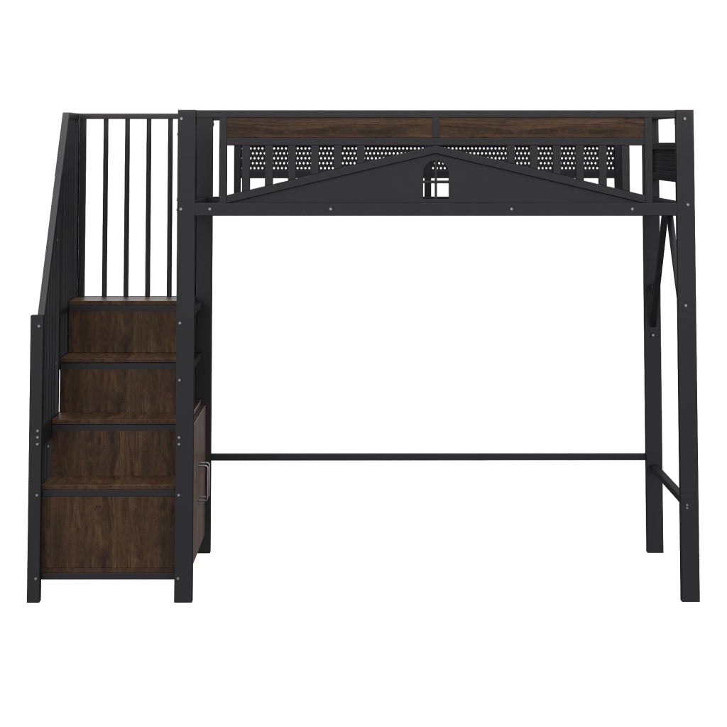 LETTO A SOPPALCO 90x200 cm Nero in Metallo e Legno con scala contenitore