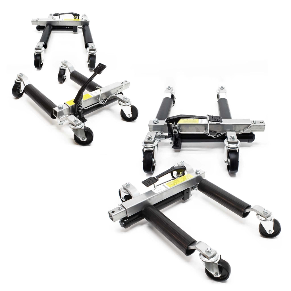 Set con supporto per 4x carrelli sposta auto e 4x carrelli di ausilio alla manovra con cric idraulico per max 680kg l'uno e gomme fino a 30cm