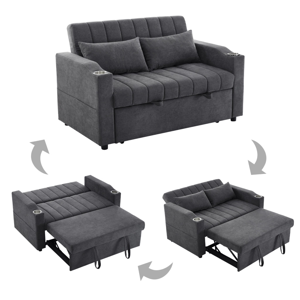 Divano Letto 2 Posti con Schienale Regolabile 3 Posizioni; Portabicchieri; Tasche; 2 Cuscini in Cotone Lino Grigio