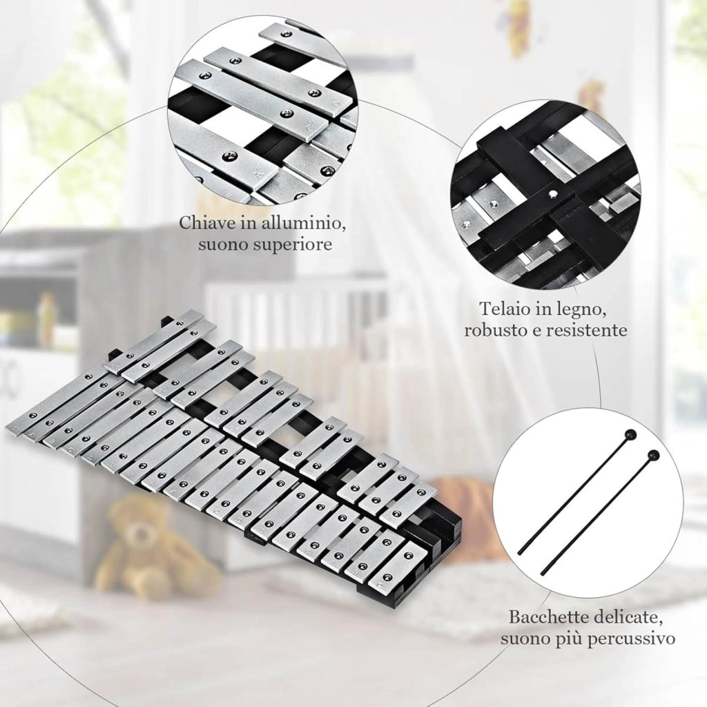 Xilofono 30 Note, Metallofono per Bambini, Glockenspiel Pieghevole con 2 Bacchete e Borsa, Strumento a Percussione a Mano per Bambini e Adulti