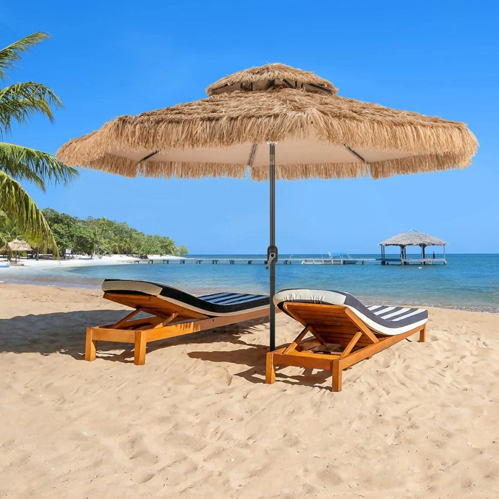 Ombrellone da spiaggia in stile hawaiano con luce centrale per giardino, Ombrellone di paglia hula solare Naturale+Nero-Ombrelloni