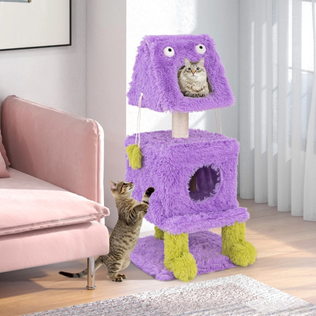 Albero per gatti con 2 nidi privati palo per graffio in sisal giocattoli pendenti, Torre di gatti a tema mostro carina Viola-Alberi Tiragraffi