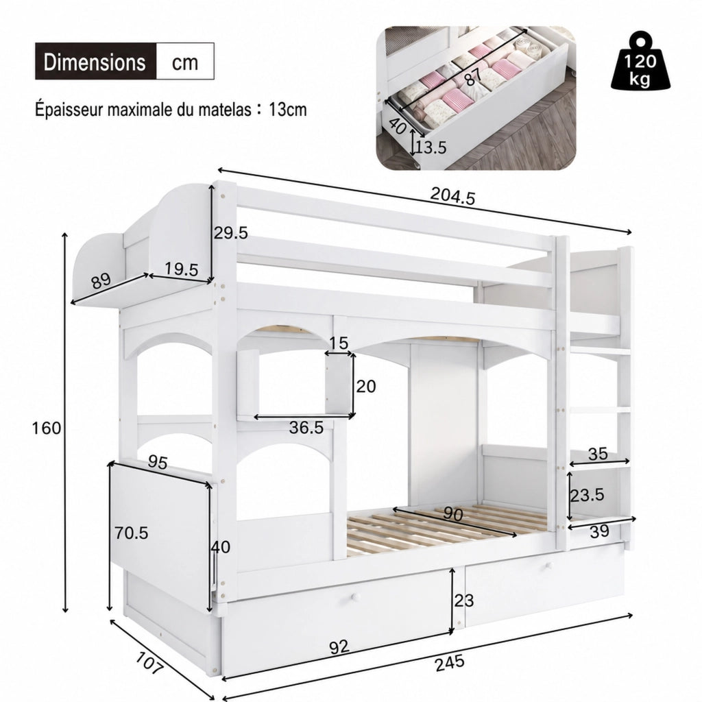 LETTO A CASTELLO con scrivania pieghevole, scaffale e 2 cassetti 90x200 cm Bianco