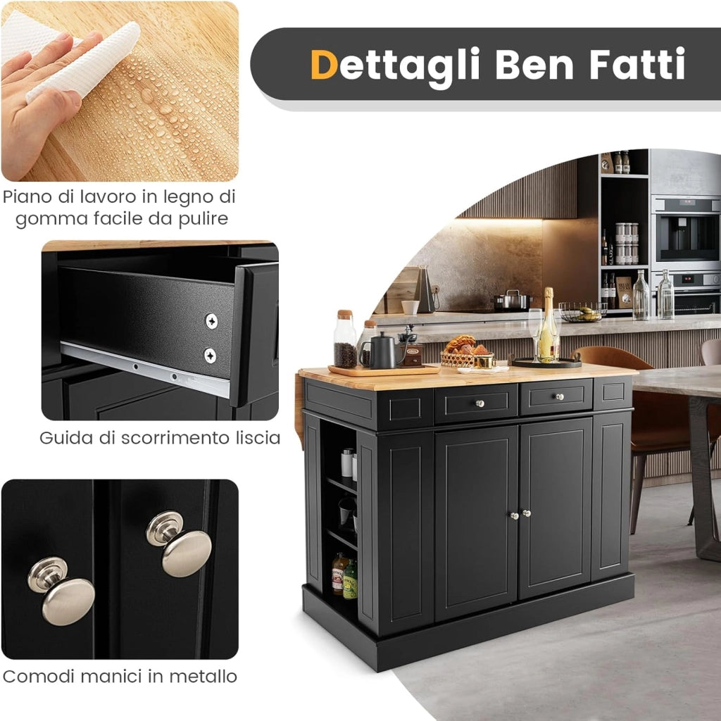 Credenza da Cucina in Legno, Isola da Cucina con Contenitore, con Ripiani Regolabili a 3 Livelli, 120 x 61 x 92 cm, Carico 200 kg (Nero)