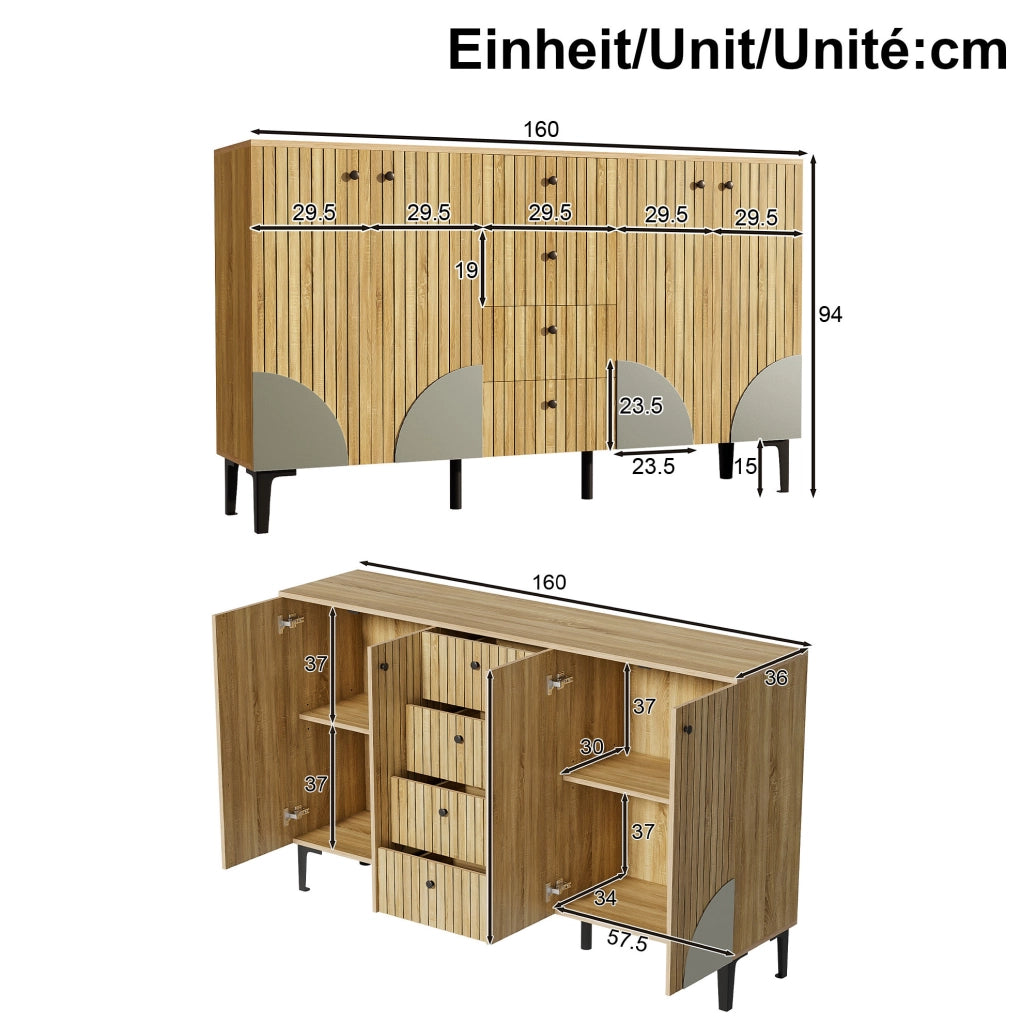 Armadio contenitore moderno con 4 ante e 4 cassetti; 160x36x94 cm; effetto legno