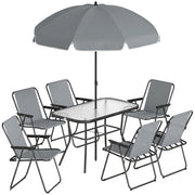 Set 8 Pezzi da Giardino con Ombrellone 6 Sedie Pieghevoli e Tavolo da Esterno in Vetro Temperato Grigio