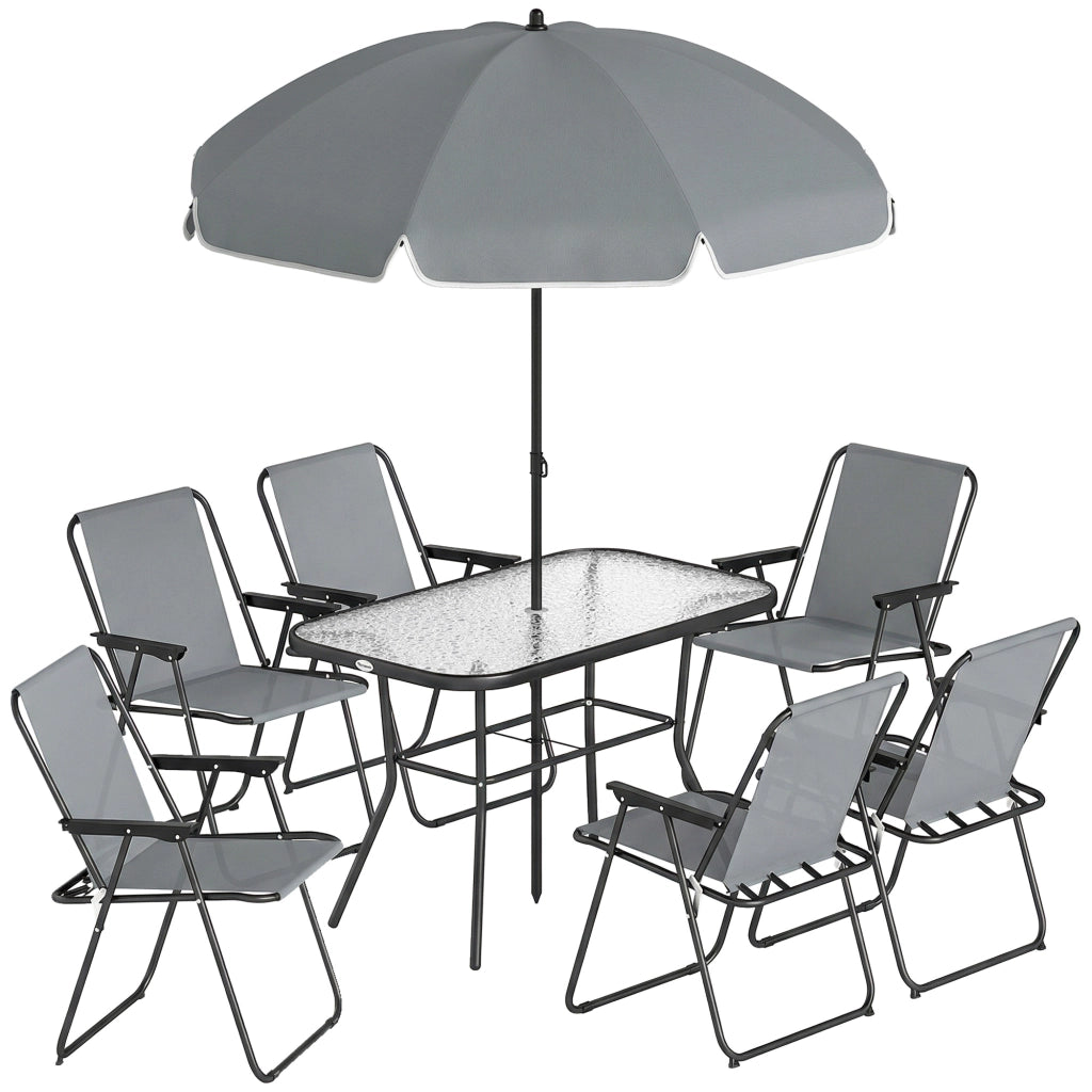 Set 8 Pezzi da Giardino con Ombrellone 6 Sedie Pieghevoli e Tavolo da Esterno in Vetro Temperato Grigio