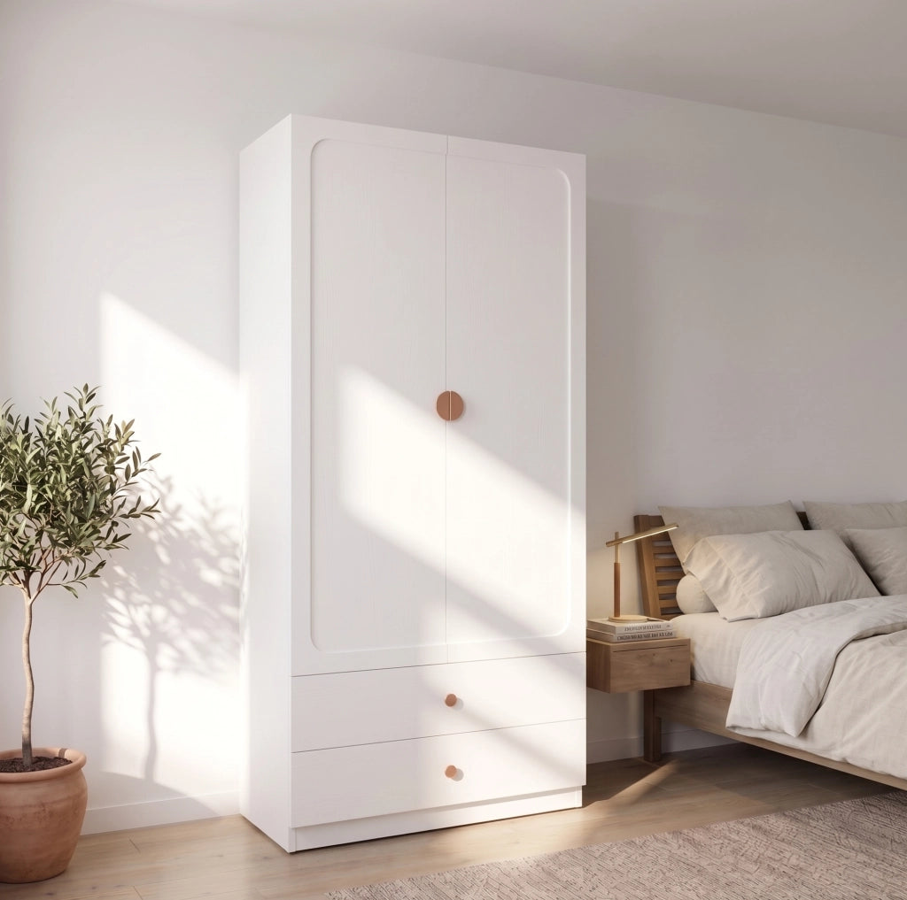 Armadio a 2 ante con 2 cassetti e asta appendiabiti; 90×45×200 cm; bianco