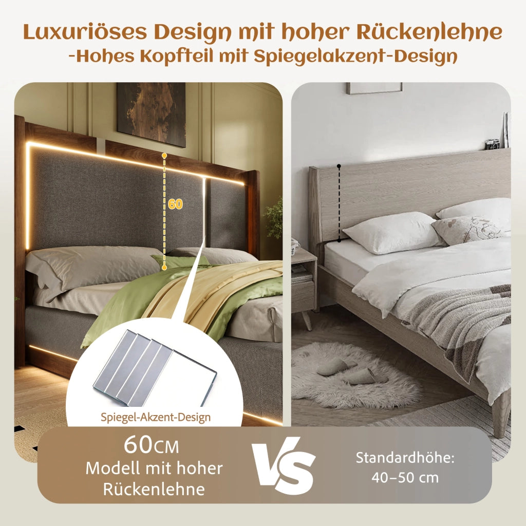 Letto contenitore 90 × 200 cm con LED, vano idraulico, senza materasso, in lino, grigio e noce