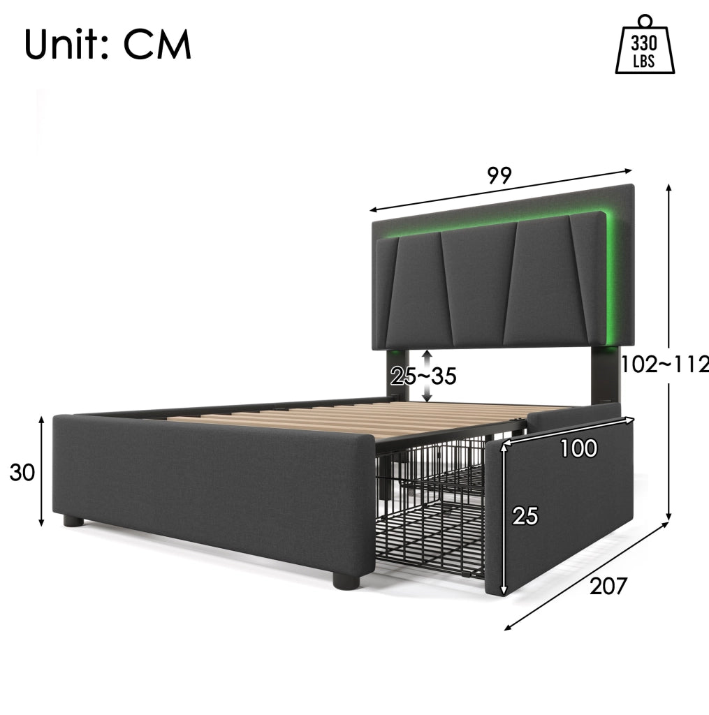 Letto singolo 90x200 cm con LED e 2 cassetti; testiera regolabile; tessuto grigio