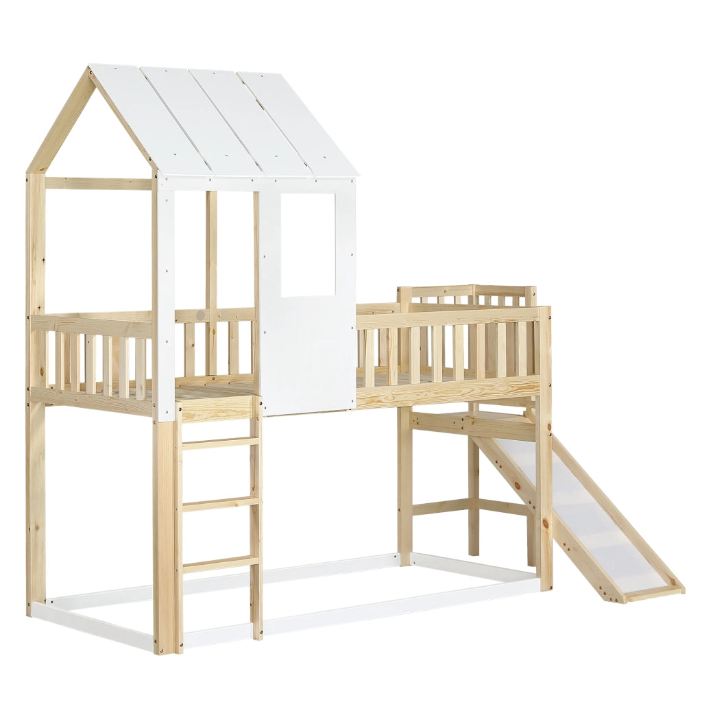 Letto a Castello 90x200 cm; 2 Posti - Rampa; Scala; Tetto e Finestra - in Legno - Naturale